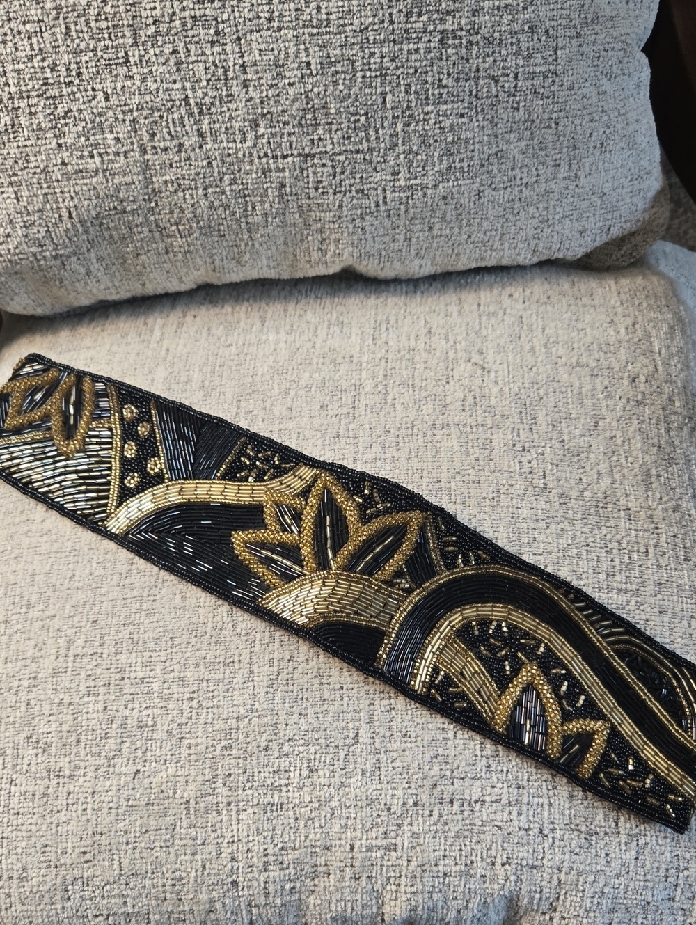 Beaded Black and Gold Embellished Sash Belt 35" Satin Lined